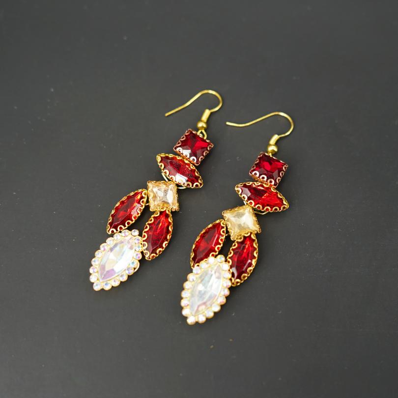 Red rhinestone earrings, long bridal jewelry, bridal earrings, crystal bridal earrings, trendy earrings
