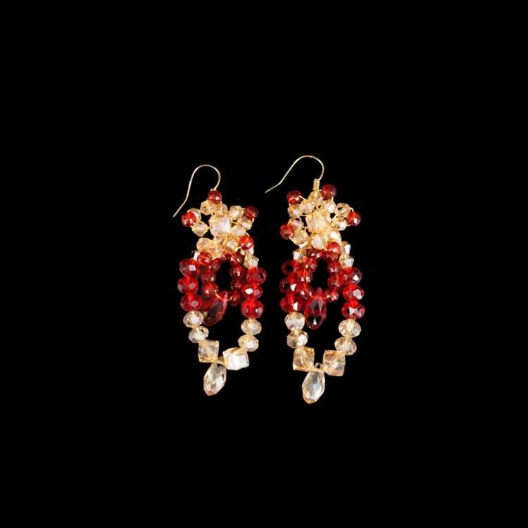 Red and gold evening earrings, small circle model