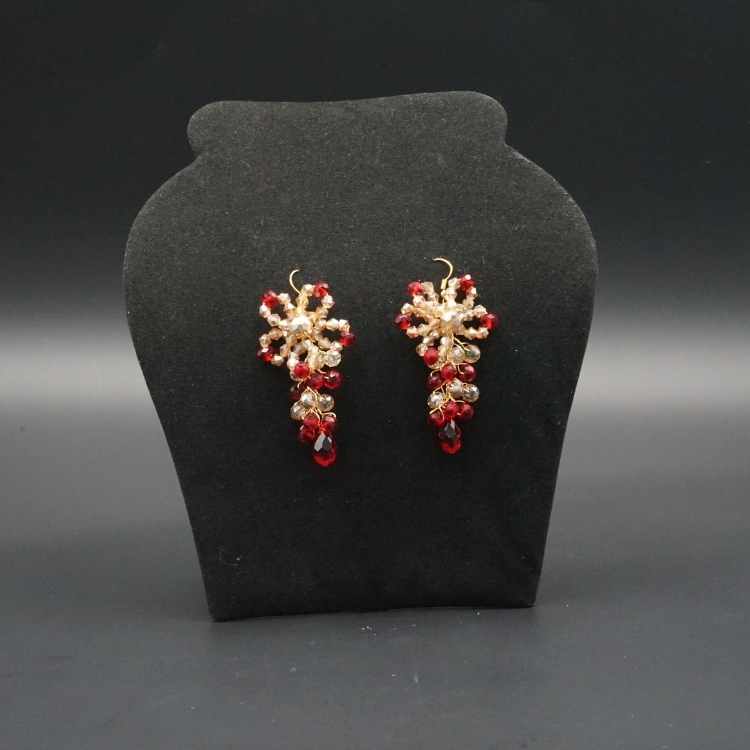 Red and gold evening earrings, flower model