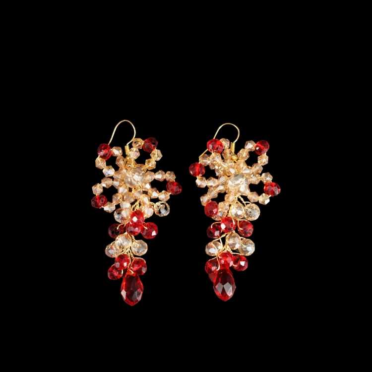 Red and gold evening earrings, flower model