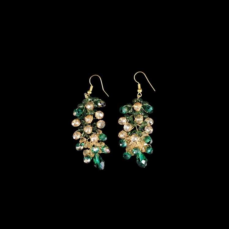 Pine green and gold drooping flower earrings, for evening, wedding, prom, birthday.