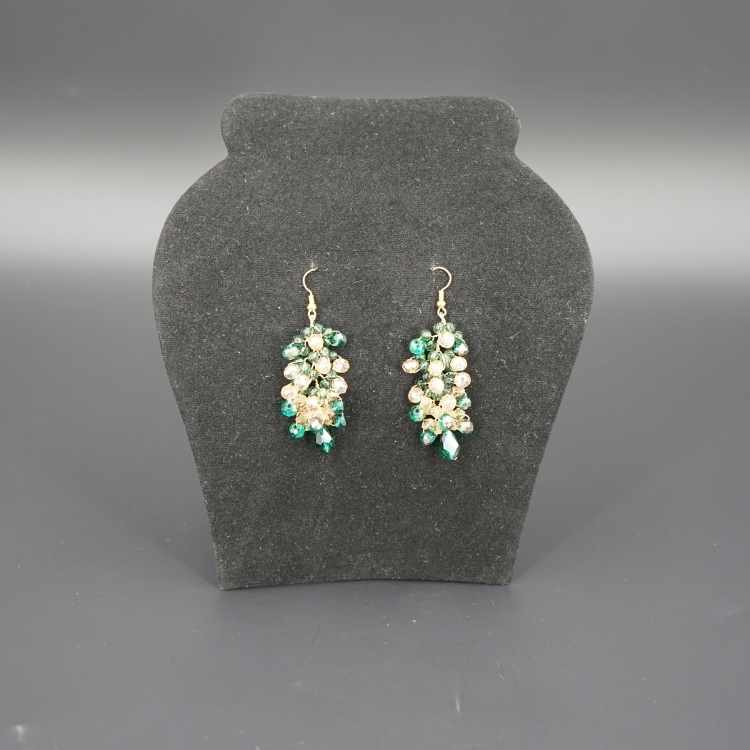 Pine green and gold drooping flower earrings, for evening, wedding, prom, birthday.