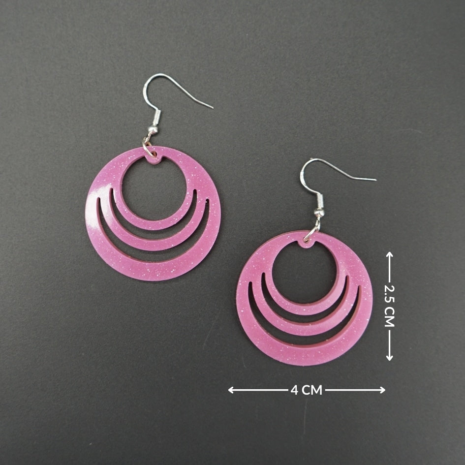 Boucles d'oreilles en résine rose - Design circulaire scintillant fait main