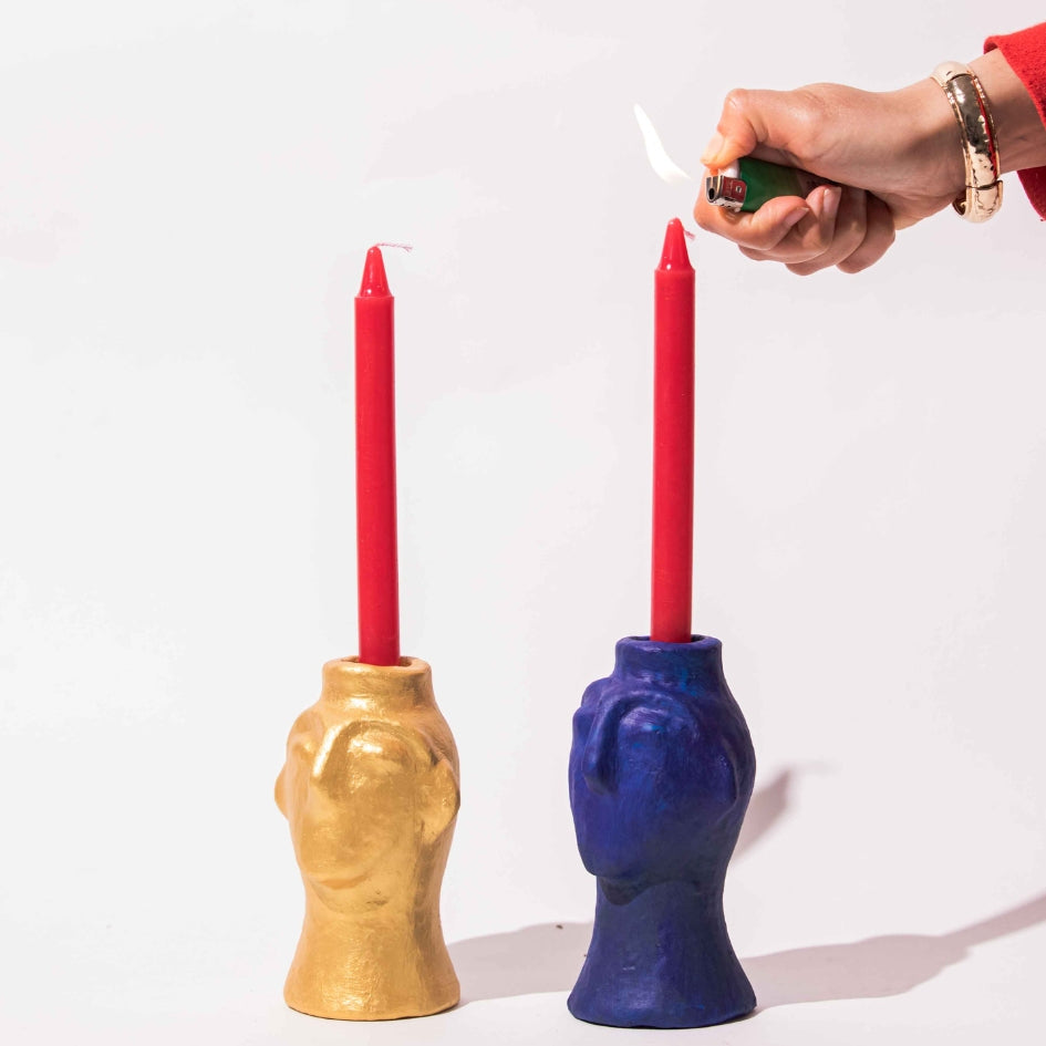 Bougeoirs têtes sculptées en céramique ( hauteur 15 cm, diamètre 6 cm)