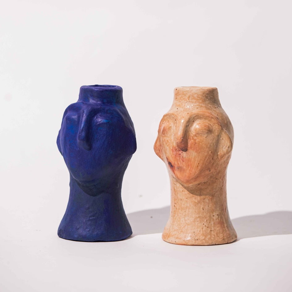 Bougeoirs têtes sculptées en céramique ( hauteur 15 cm, diamètre 6 cm)