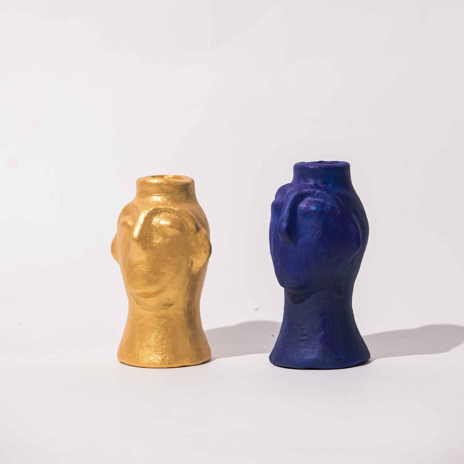 Bougeoirs têtes sculptées en céramique ( hauteur 15 cm, diamètre 6 cm)