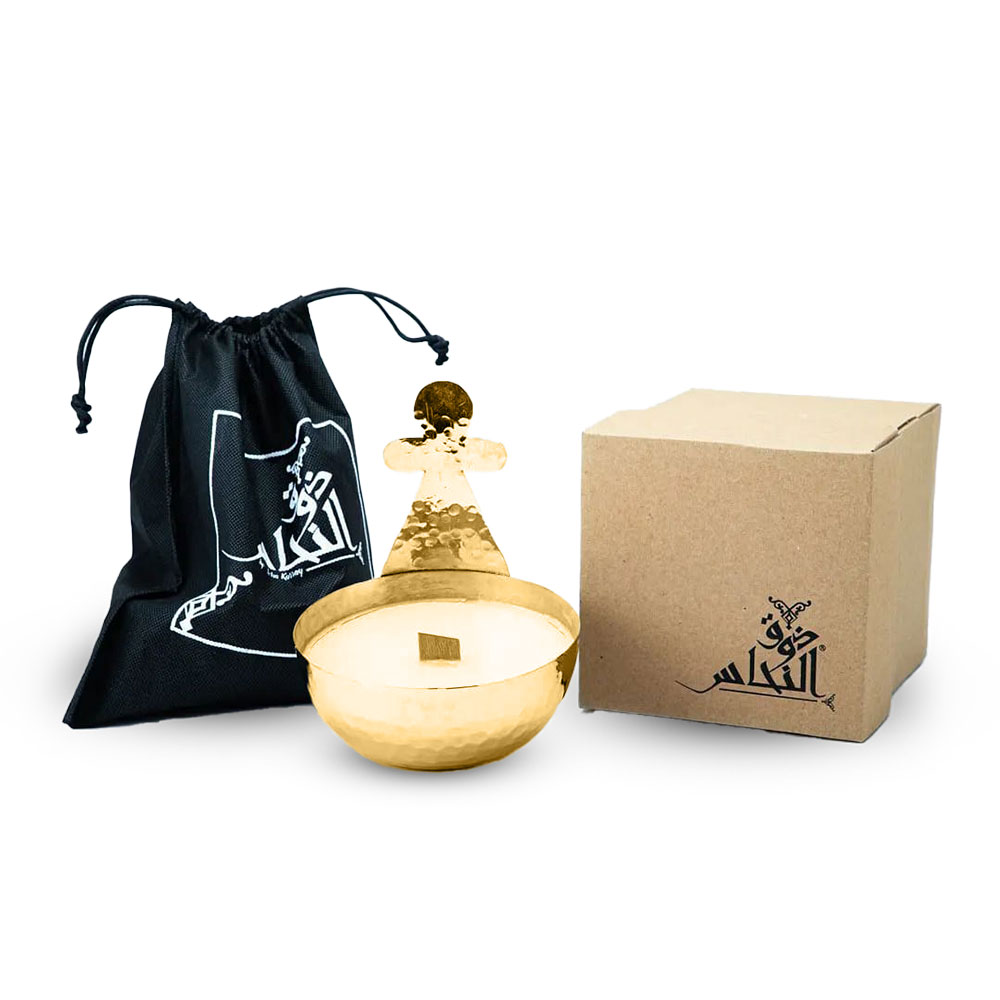 Berber handmade copper candle – 3 fragrances: Black Jasmine, Neroli, Lemon (14 x 13.5 cm) – Patterns: Tanit / Khomsa / 7outa