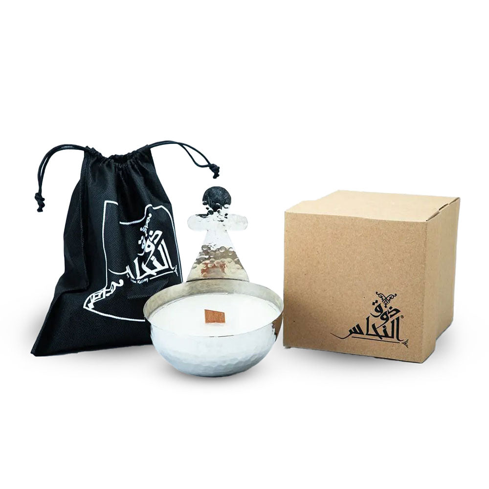 Berber handmade copper candle – 3 fragrances: Black Jasmine, Neroli, Lemon (14 x 13.5 cm) – Patterns: Tanit / Khomsa / 7outa