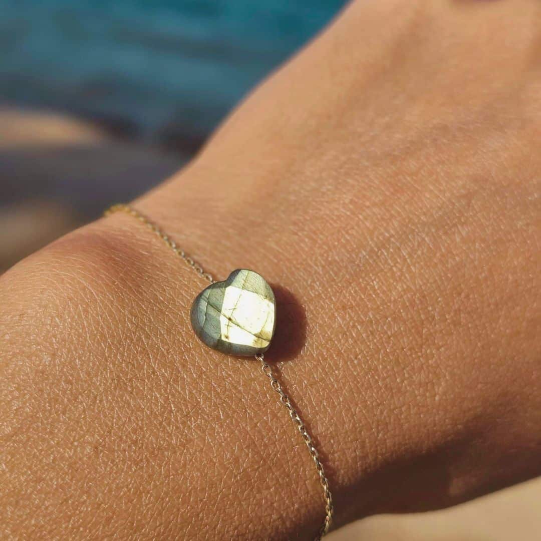 Bracelet en argent 925 plaqué en or 18 karats avec cœur Labradorite (18-23cm)