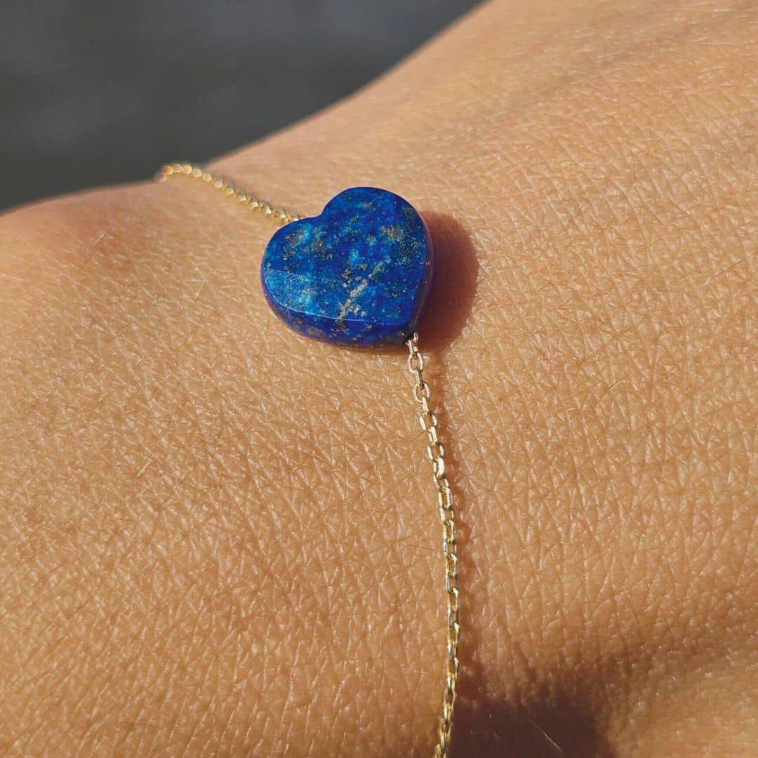 Bracelet en argent 925 plaqué en or 18 karats avec un cœur en Lapis Lazuli (18-23 cm)