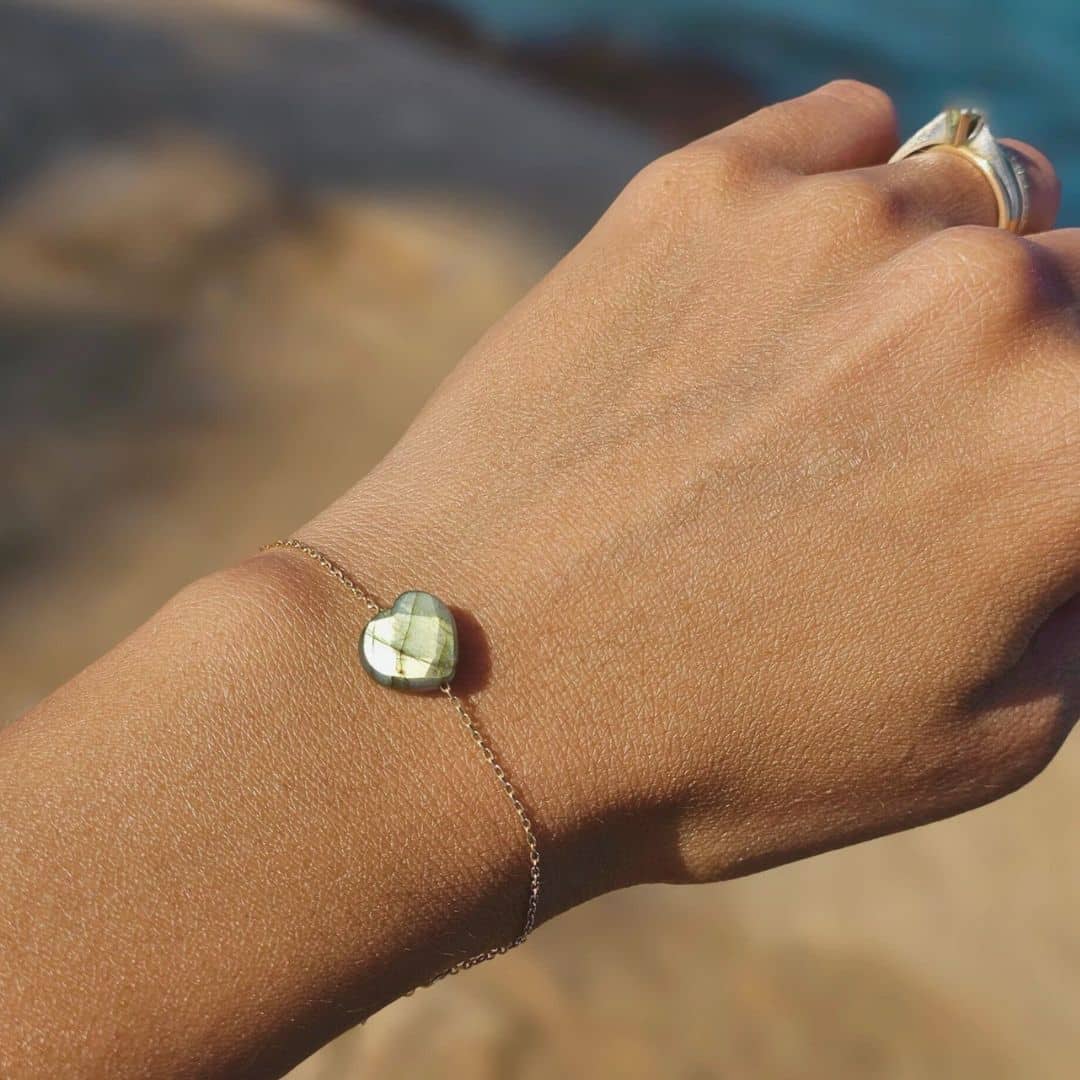Bracelet en argent 925 plaqué en or 18 karats avec cœur Labradorite (18-23cm)