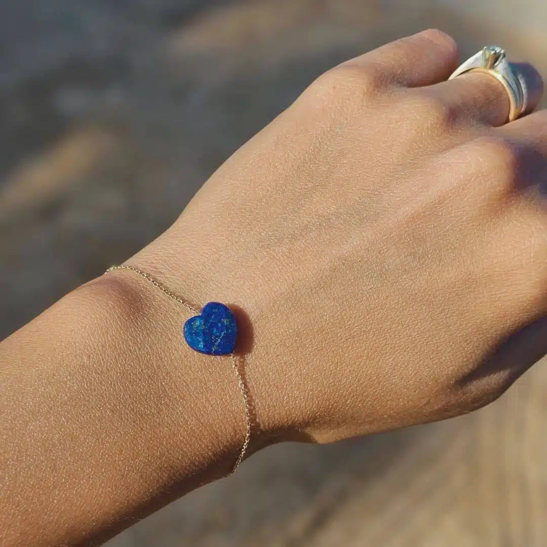Bracelet en argent 925 plaqué en or 18 karats avec un cœur en Lapis Lazuli (18-23 cm)