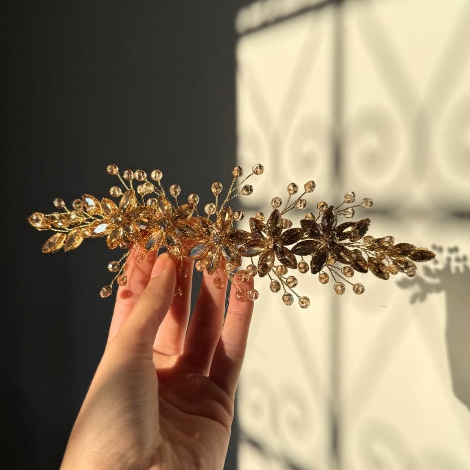 Broche à cheveux fleurs doré en cristaux