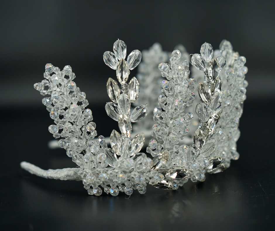 White bridal crown. Swarovski braid model