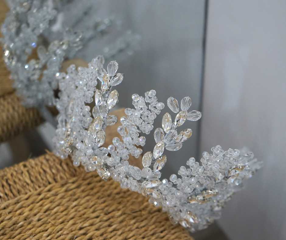 White bridal crown. Swarovski braid model