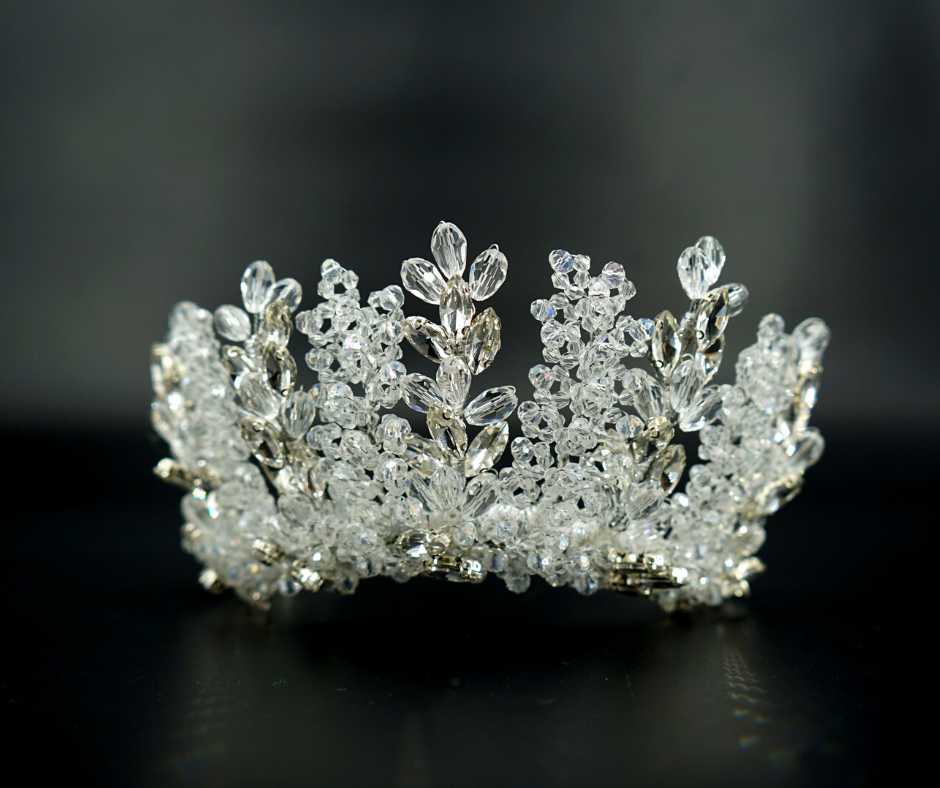 White bridal crown. Swarovski braid model