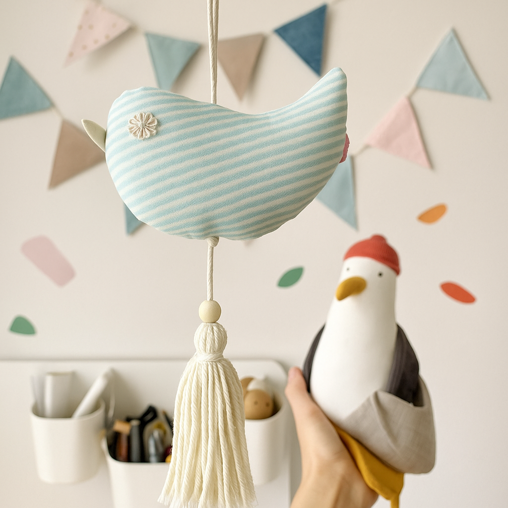 Oiseau décoratif en tissu rayé – Suspension chambre bébé