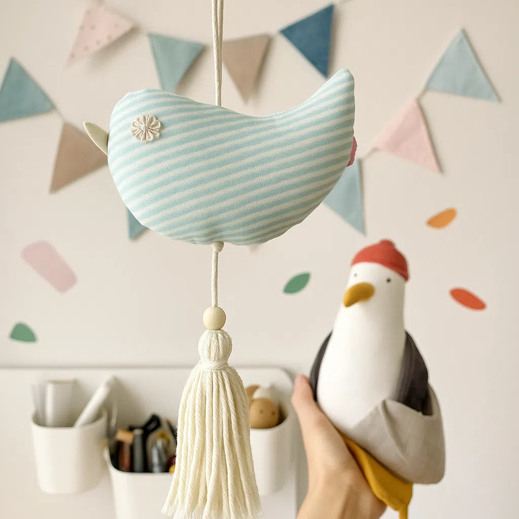 Doudou oiseau suspendu en tissu rayé avec pompon