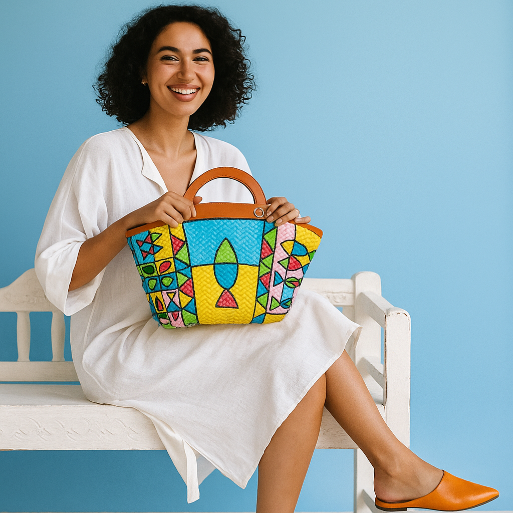Sac couffin coloré avec anses en cuir orange