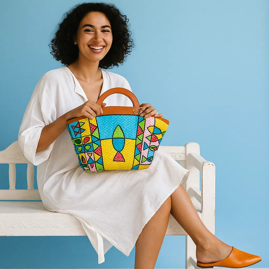 Sac couffin coloré avec anses en cuir orange