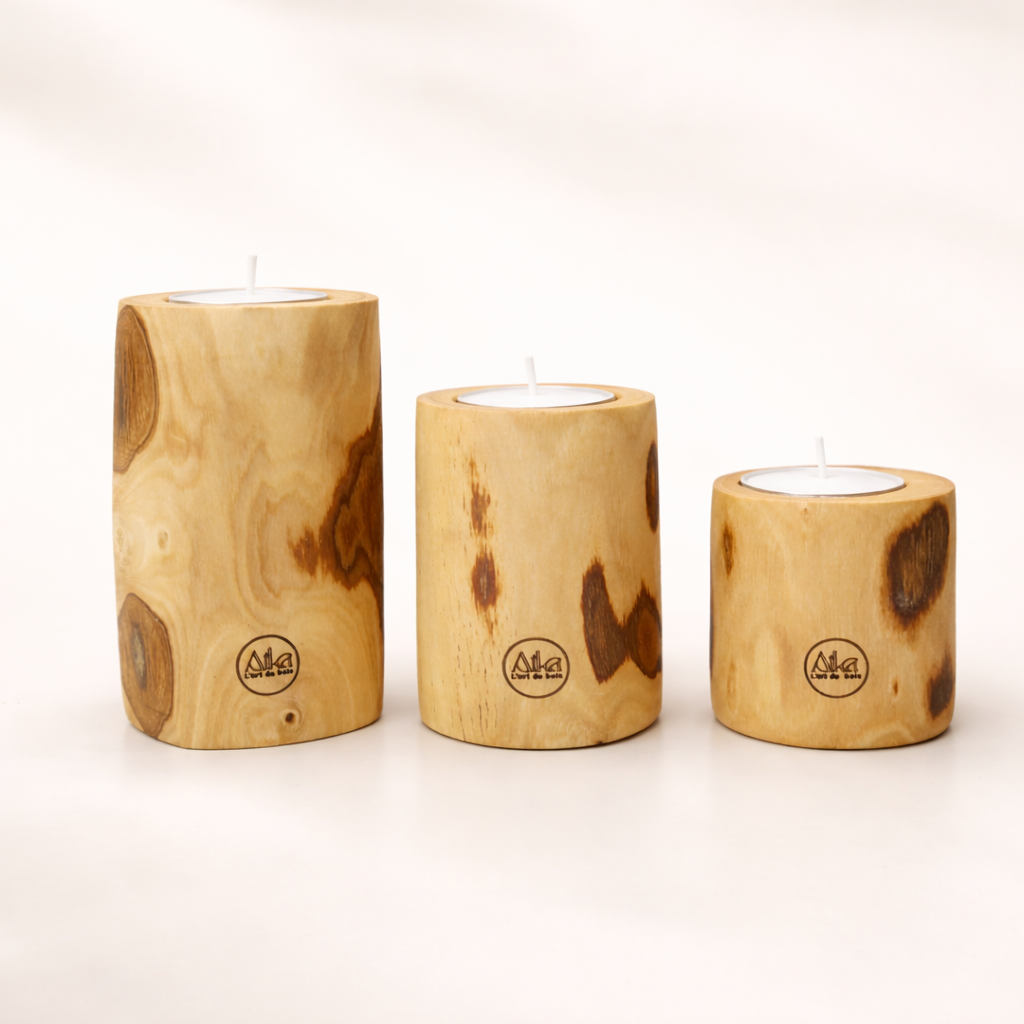 Trio bougeoirs assemblés en bois d’olivier tunisien 100% naturel