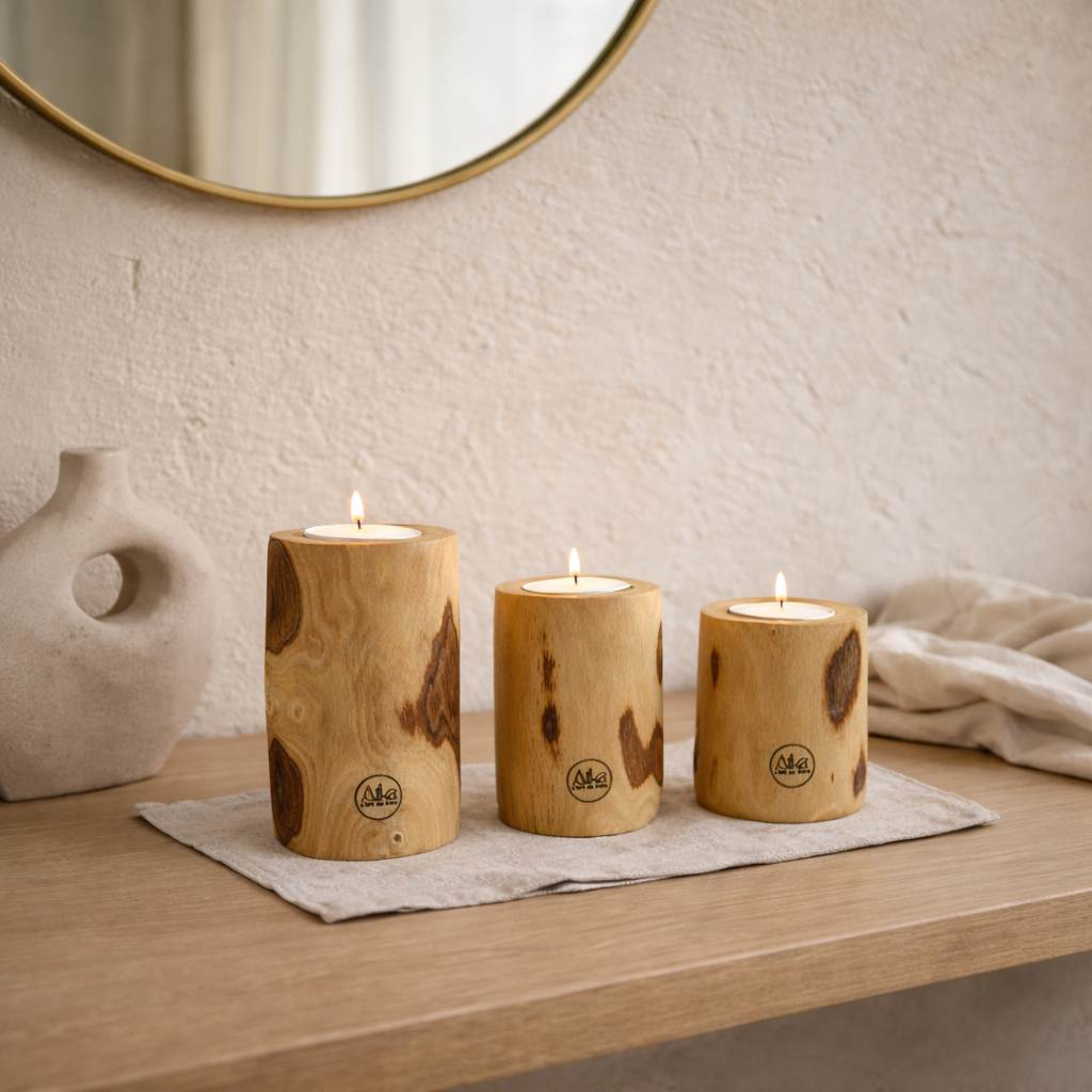 Trio bougeoirs assemblés en bois d’olivier tunisien 100% naturel