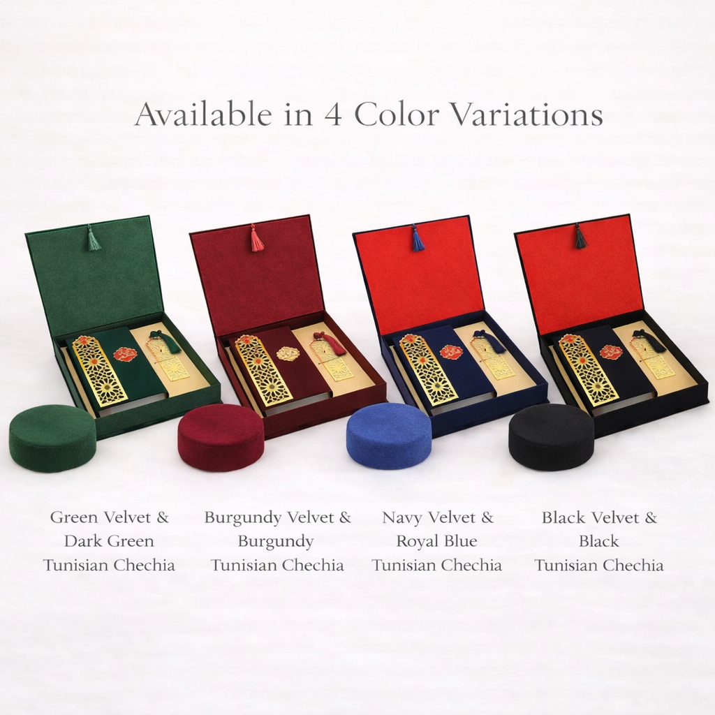 Coffret Coran bleu avec marque-page à l’ambre et chechia