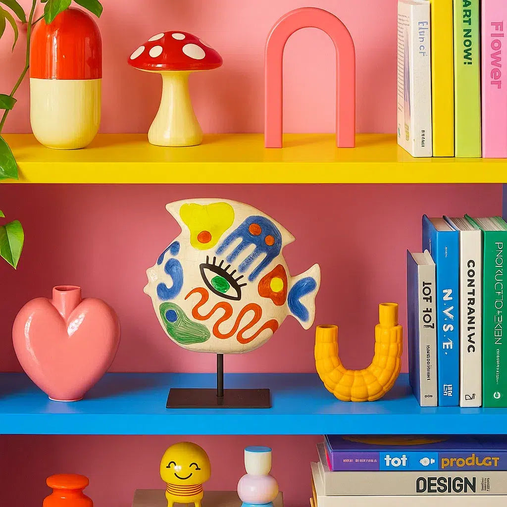 Sculpture poisson coloré en céramique sur socle métallique