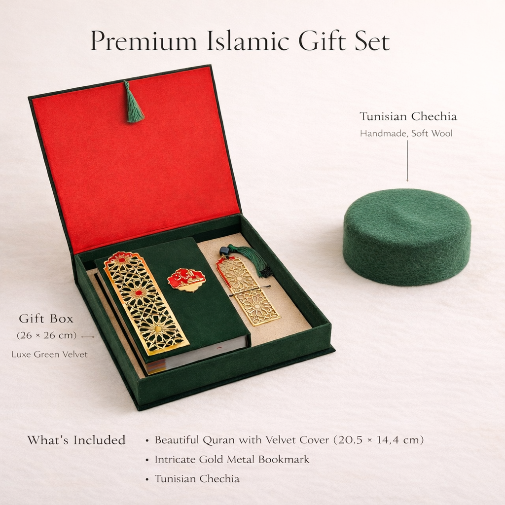 Coffret Coran vert avec marque-page à l’ambre et chechia