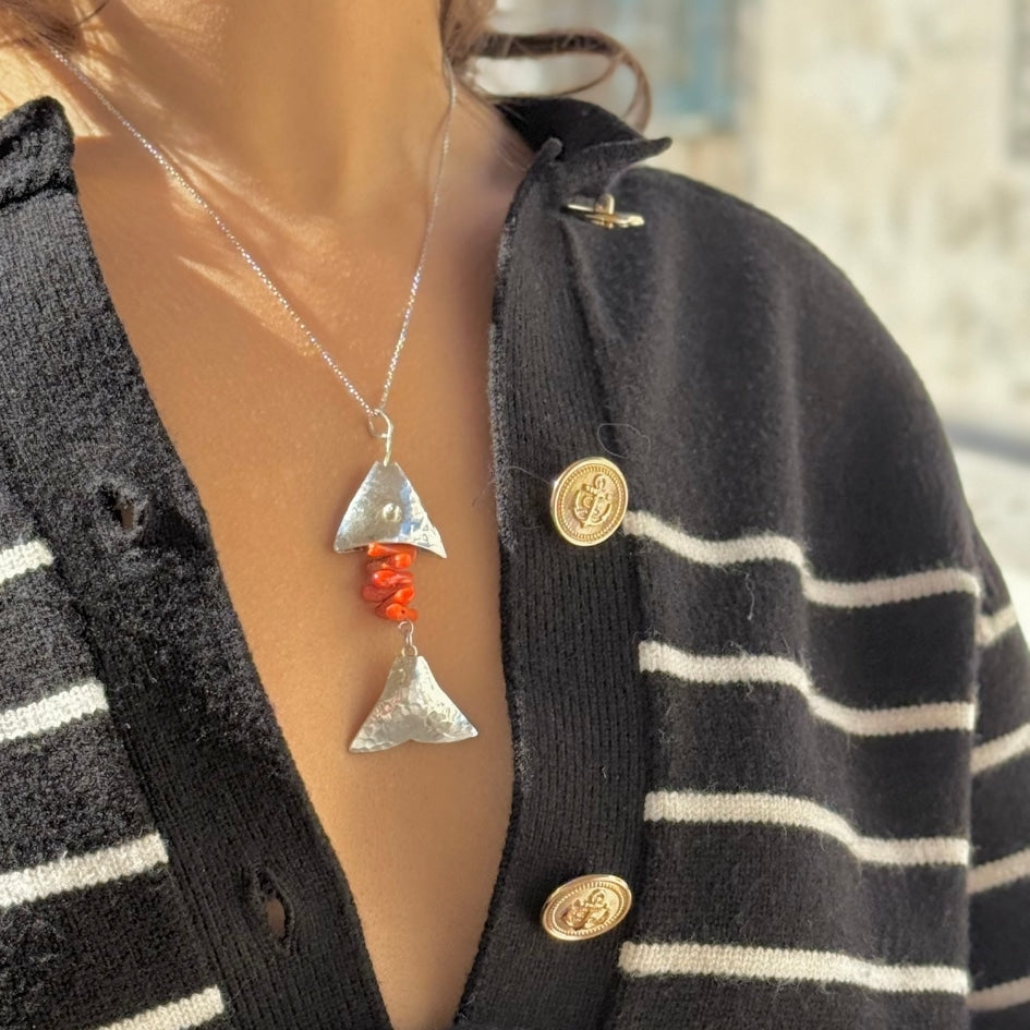 Collier avec pendentif poisson et corail en argent 850 - (Tailles Moyenne et Grande)