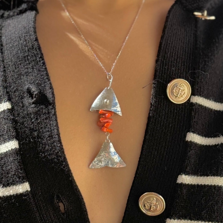 Collier avec pendentif poisson et corail en argent 850 - (Tailles Moyenne et Grande)