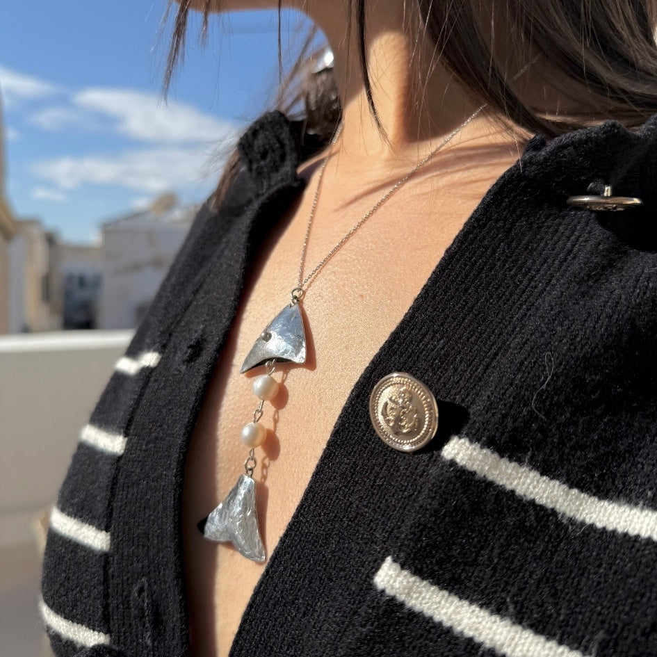 Collier en argent 850 avec pendentif poisson et perle