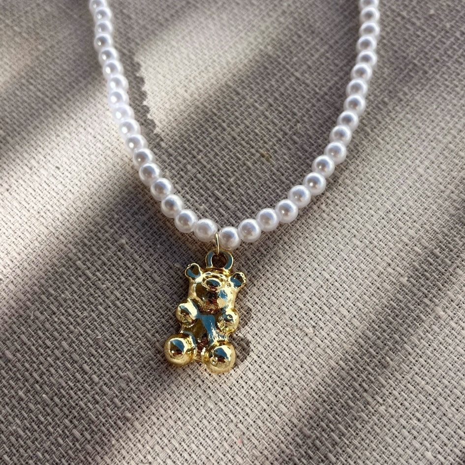 Collier en acier inoxydable avec perles blanches, unisexe avec motif nounours