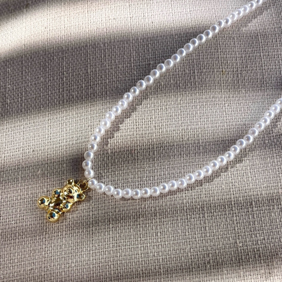 Collier en acier inoxydable avec perles blanches, unisexe avec motif nounours