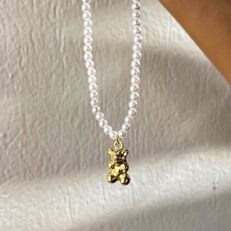 Collier en acier inoxydable avec perles blanches, unisexe avec motif nounours