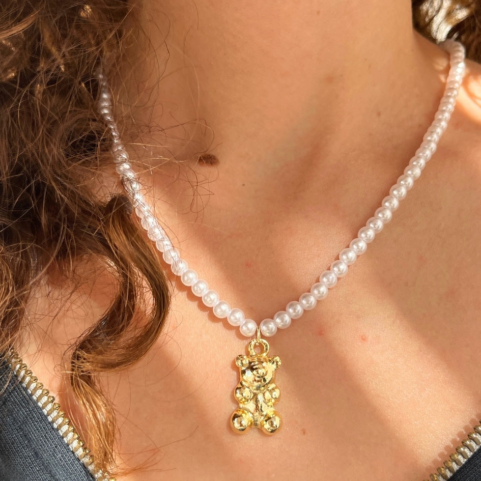 Collier en acier inoxydable avec perles blanches, unisexe avec motif nounours