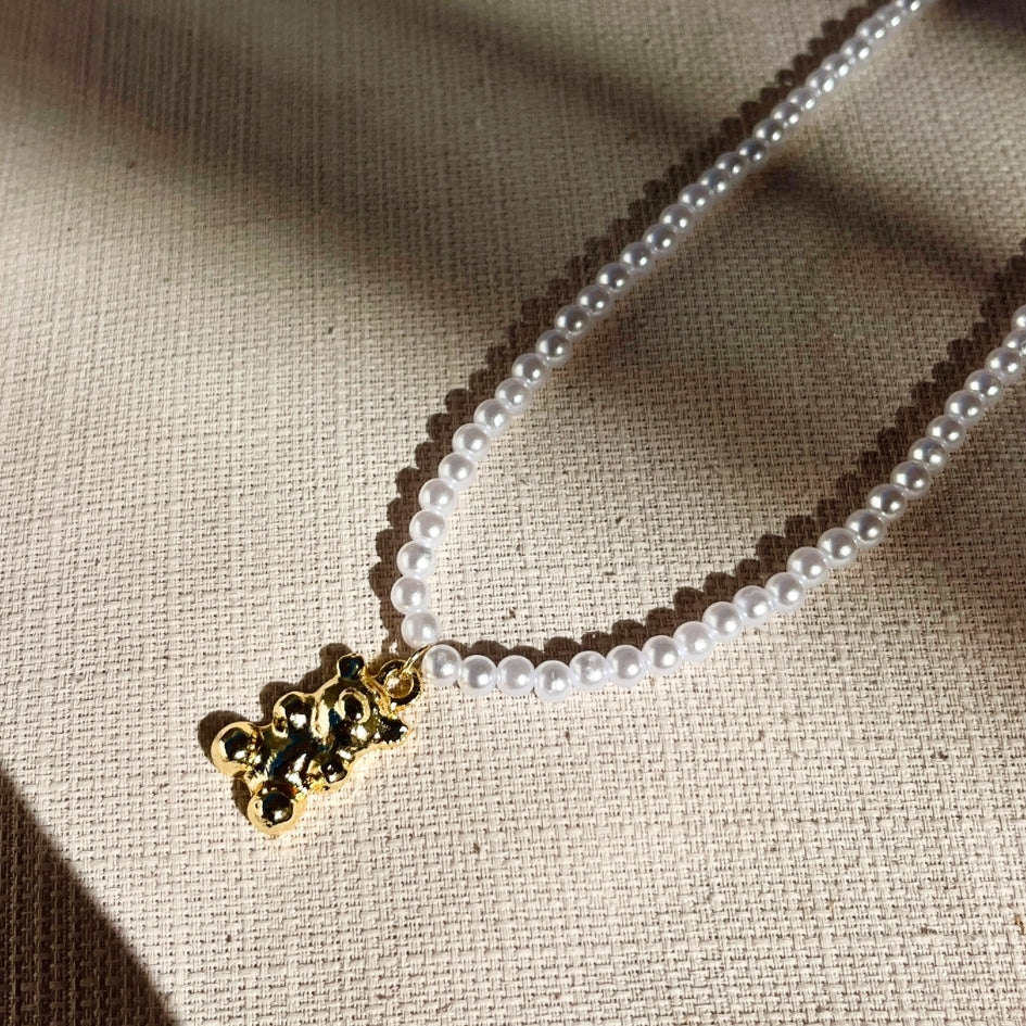 Collier en acier inoxydable avec perles blanches, unisexe avec motif nounours