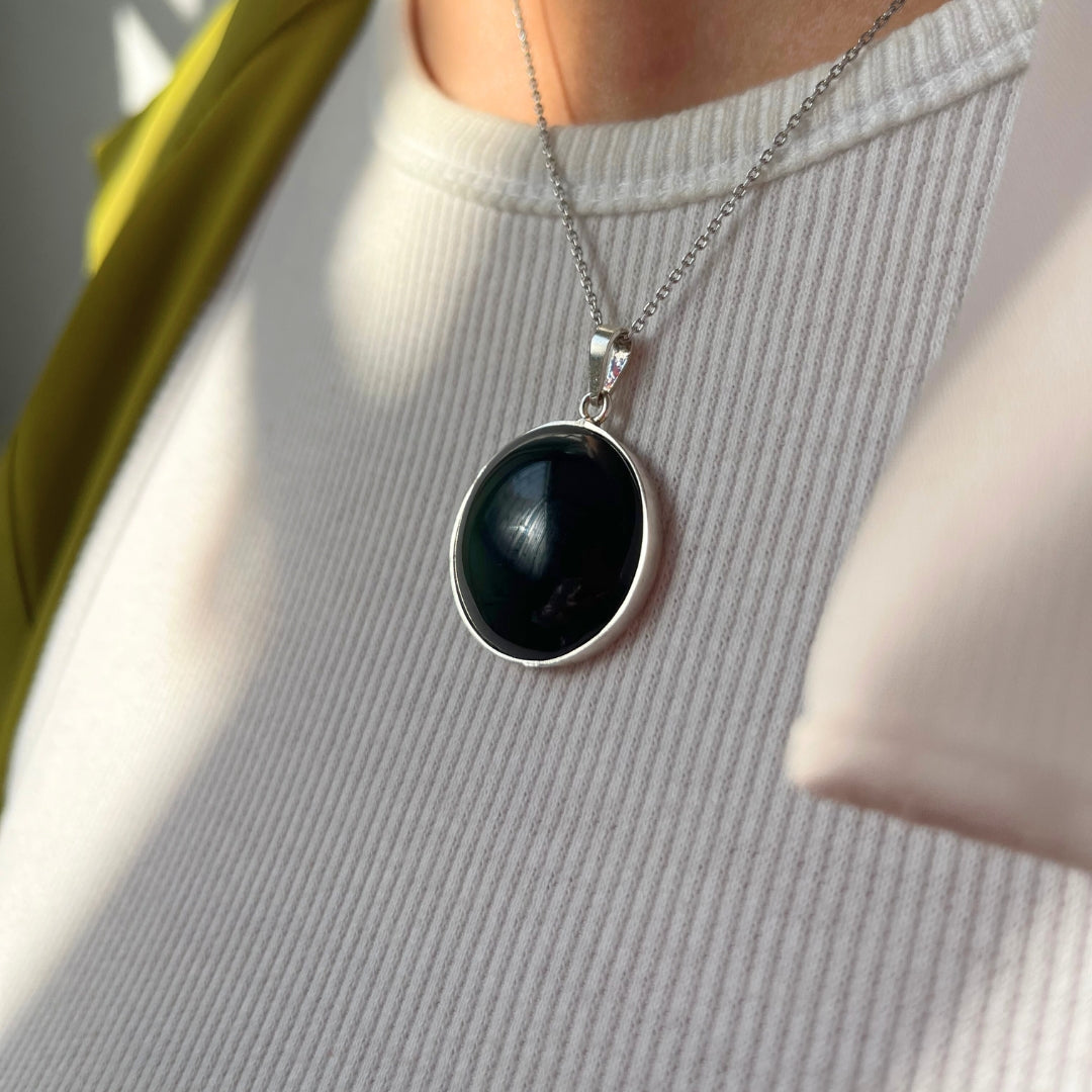 Collier obsidienne oeil de celeste ronde