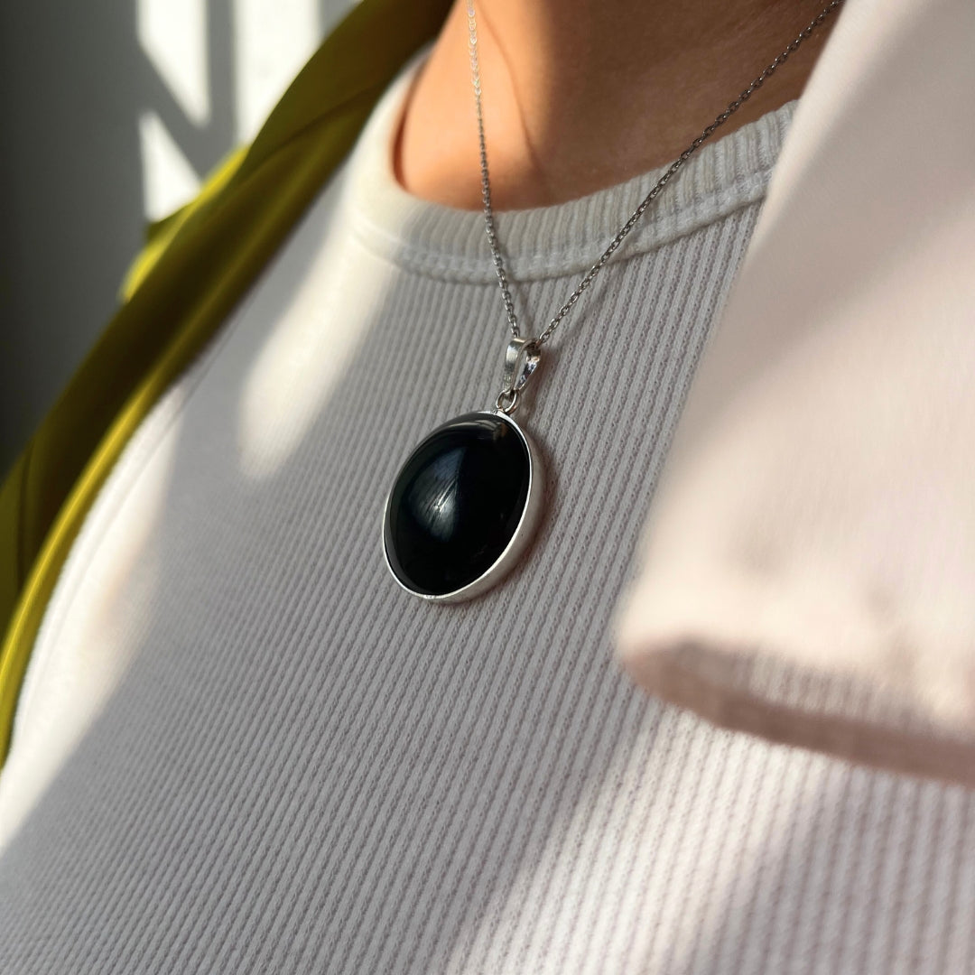 Collier obsidienne oeil de celeste ronde