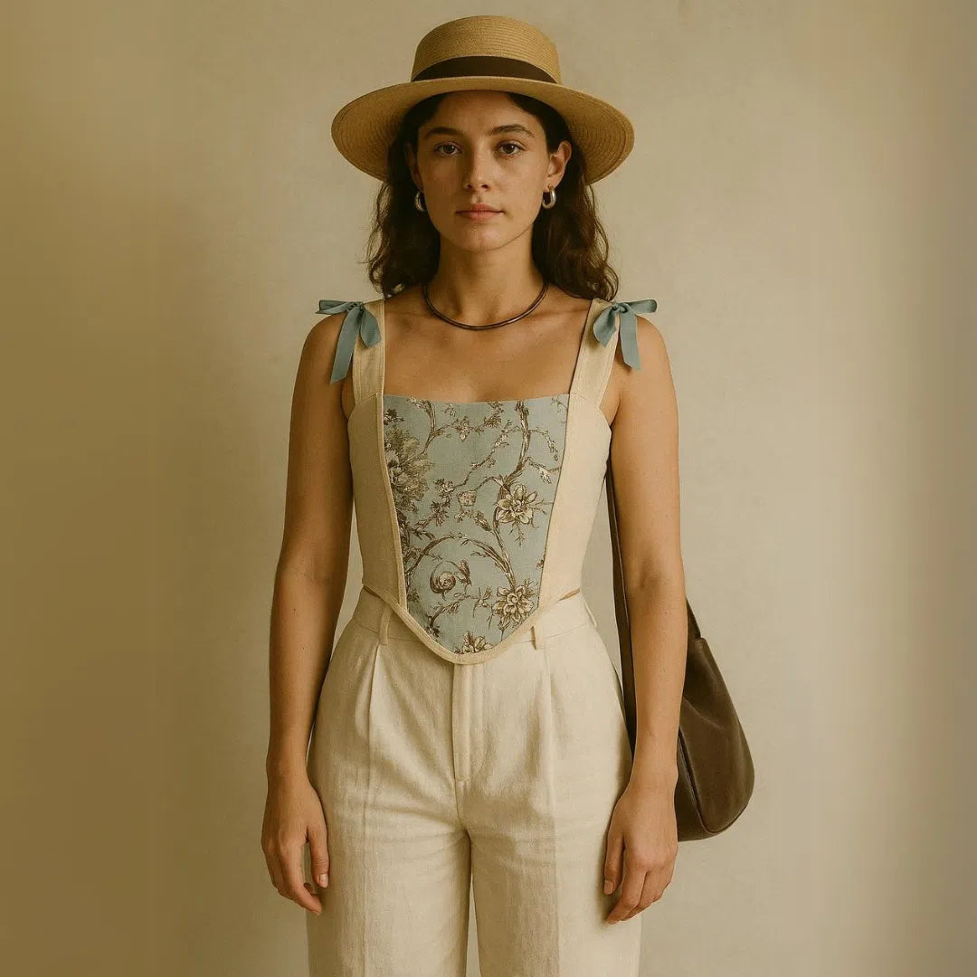 Corset champêtre en lin et brocart bleu pastel