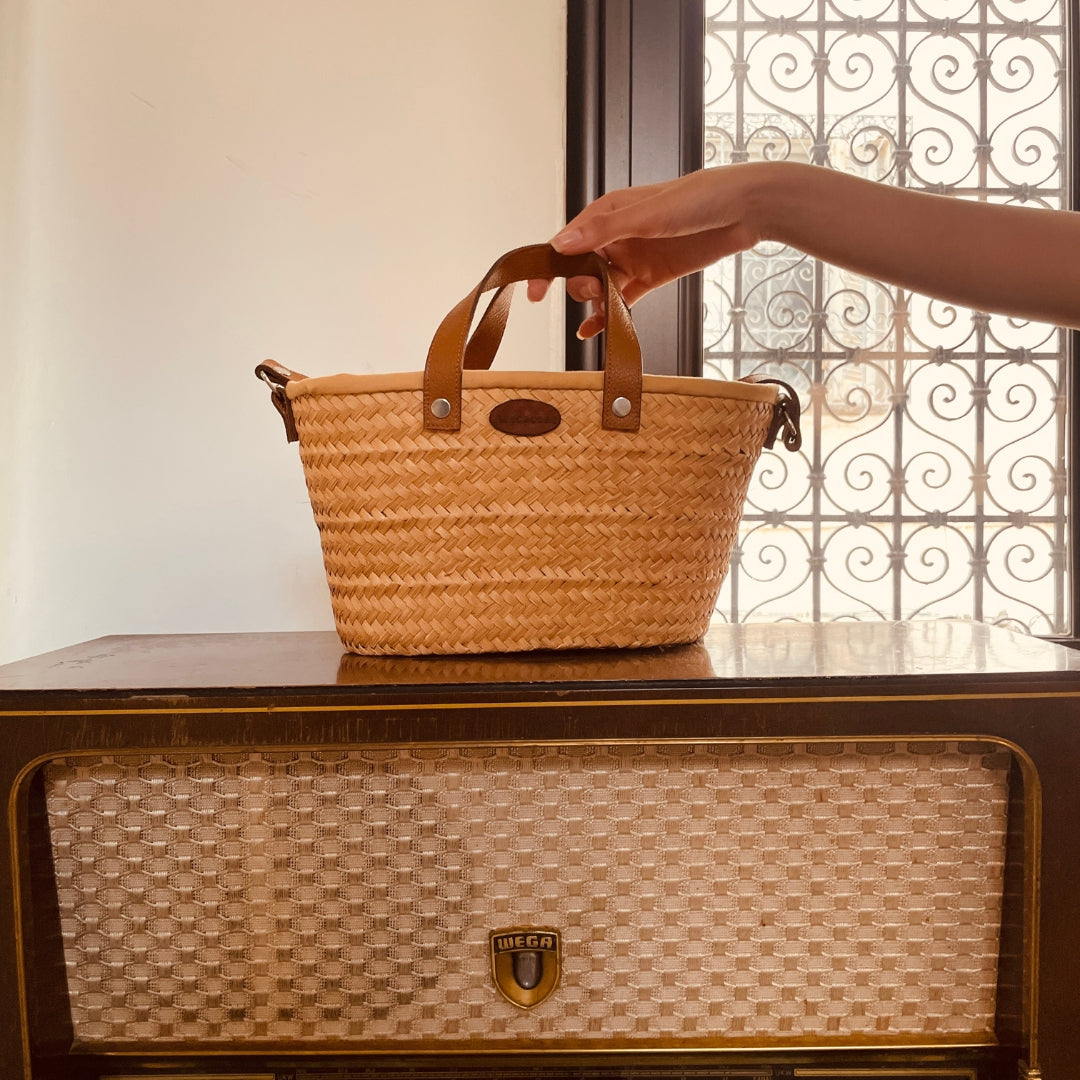 Couffin mini en palmier avec doublure beige et anses cuir
