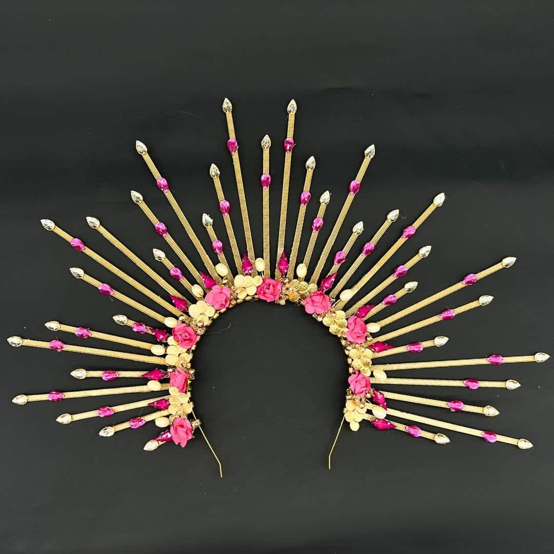 Sun crown with roses, pearls and pink and white diamonds