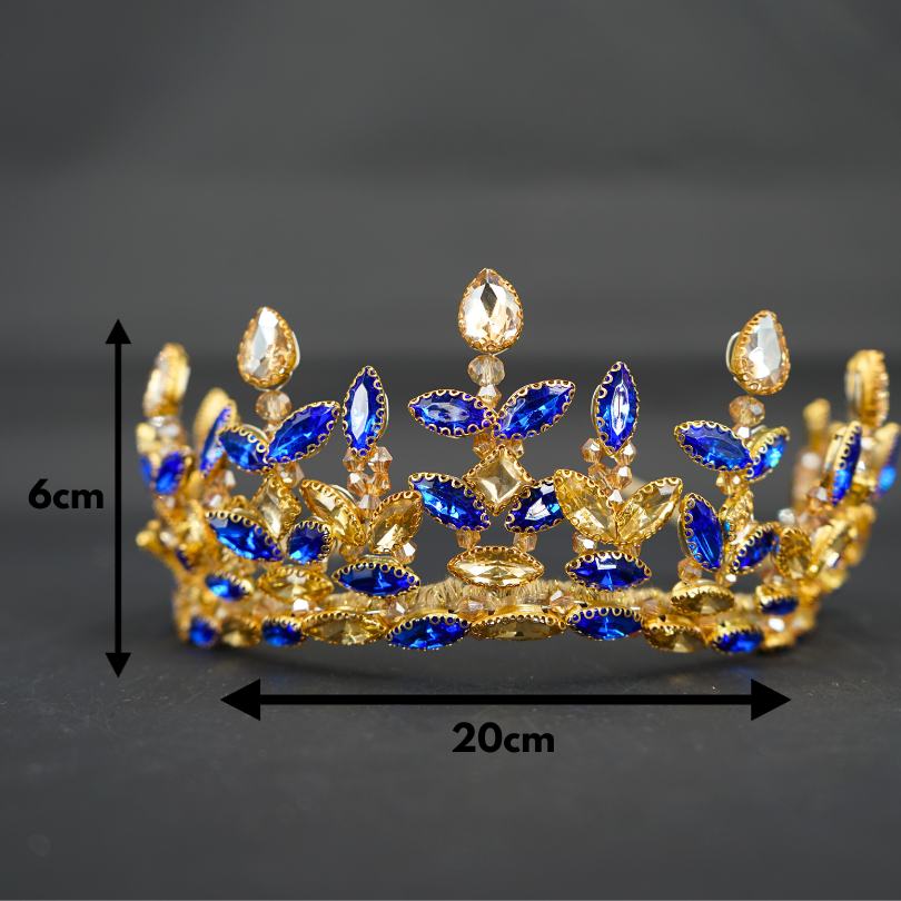 Blue and gold rhinestone crystal crown, royal bridal tiara for weddings, wedding crown, crystal crown and tiara