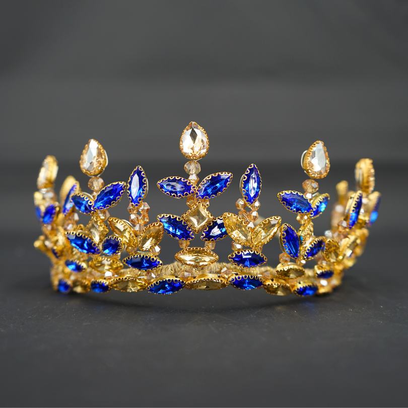 Blue and gold rhinestone crystal crown, royal bridal tiara for weddings, wedding crown, crystal crown and tiara