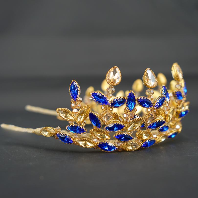 Blue and gold rhinestone crystal crown, royal bridal tiara for weddings, wedding crown, crystal crown and tiara