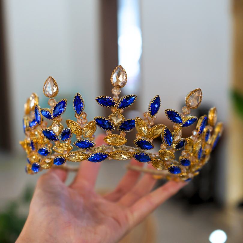 Blue and gold rhinestone crystal crown, royal bridal tiara for weddings, wedding crown, crystal crown and tiara