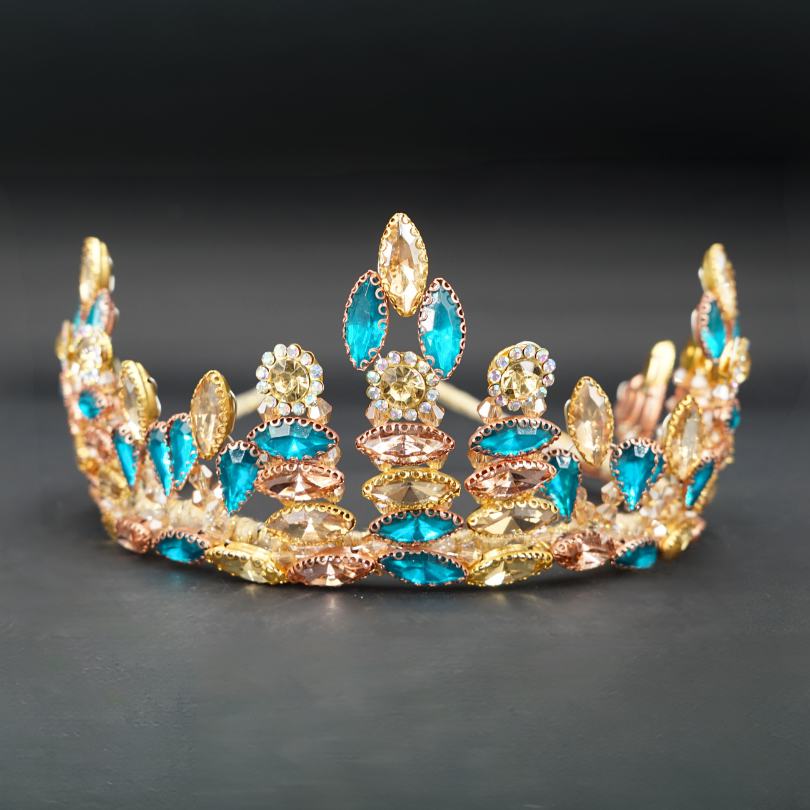 Liesel Tiara Crown, Emerald Green Blue Crystal, Antique Gold Metal, Wedding Crown, Wedding Crown, Crystal Crown and Tiara