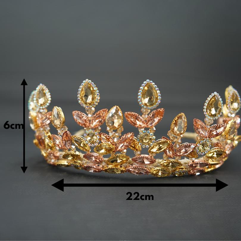 تاج زهور ذهبي مع كريستالات، إكليل شعر زفاف، عصابة رأس أنيقة ورائعة للعروس، تاج زفاف ذهبي، إكسسوارات الزفاف