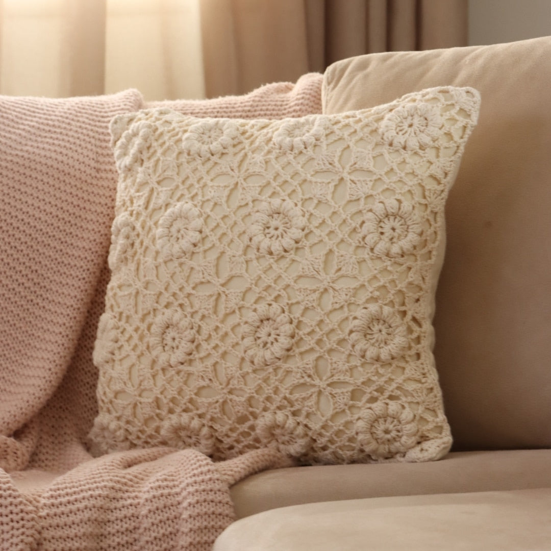 Crochet cushion with floral pattern cushion