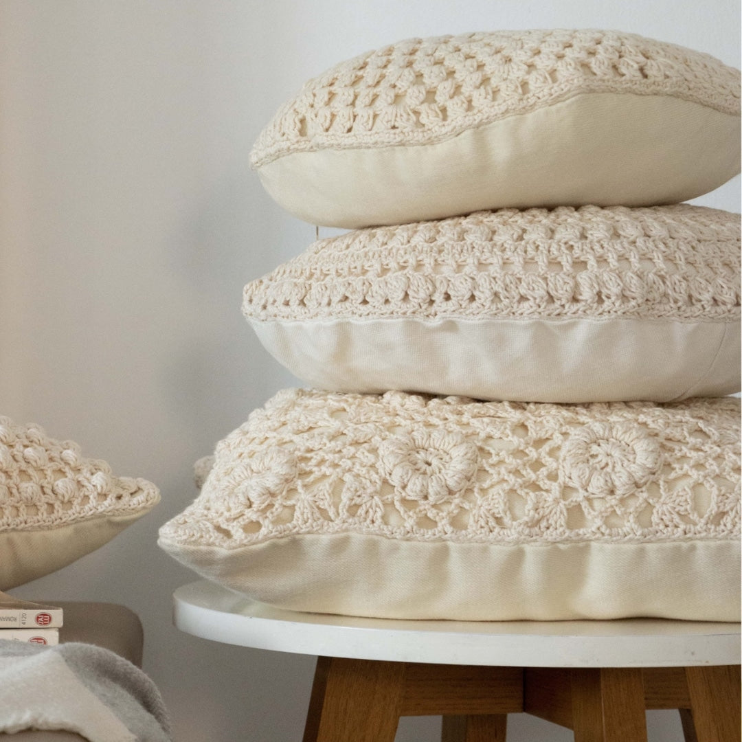 Crochet cushion with floral pattern cushion